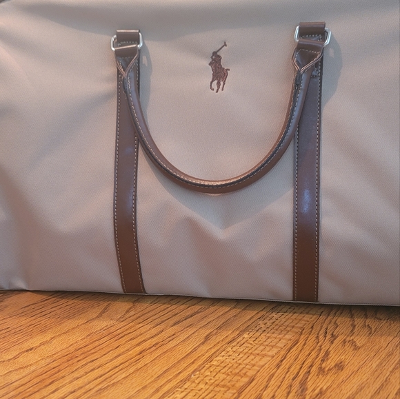 NWOT Ralph Lauren Khaki Tan Brown Logo Fabric Duffle Travel Luggage Bag - Picture 3 of 17